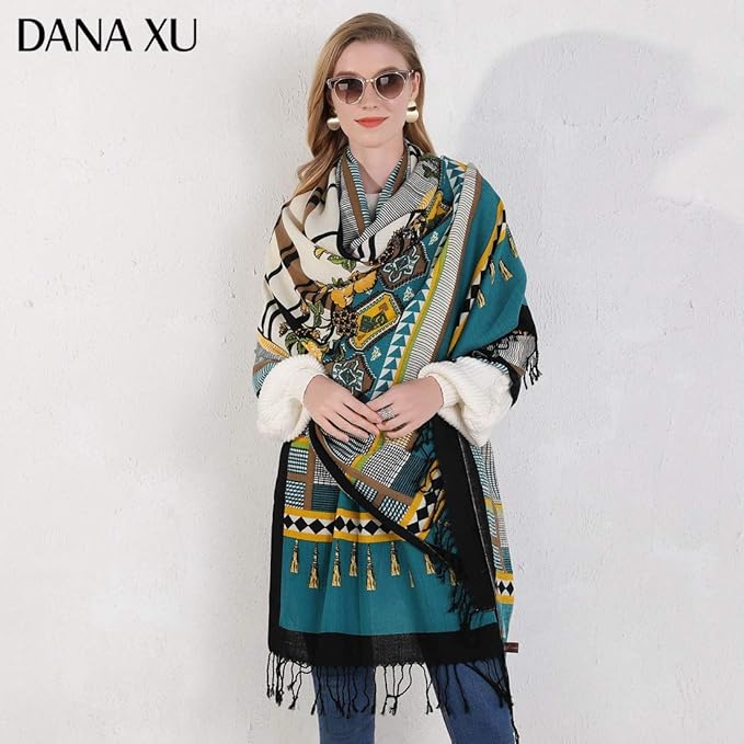 DANA XU 100% Merino Wool Pashmina Shawl for Women 96"x43", Oversized Cashmere Wrap with Tassels, Floral Travel Blanket Cape