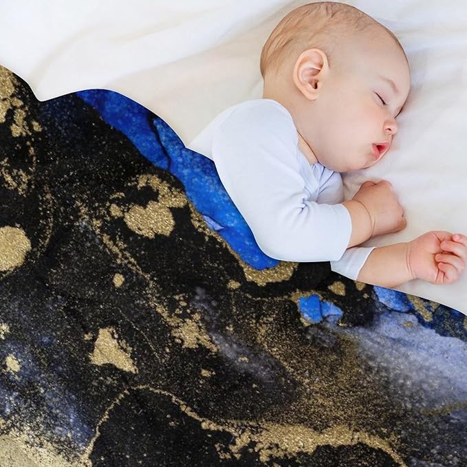 Modern Marble Blanket, Abstract Luxury Baroque Golden Dark Blue Stone Veins Pattern Soft Warm Cozy Plush Flannel Covers for Livingroom Bedroom Couch Chair Camping Travel Home Decor Tapestry 50x60in