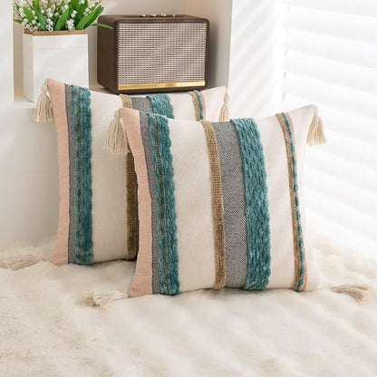 Boho Throw Pillow Covers 18x18 Set of 2 Woven Tufted Farmhouse Pillows Cover with Tassels Textured Striped Cushion Case Neutral Pillow Cases Decorative Pillowcase for Sofa Couch Bed,Blue
