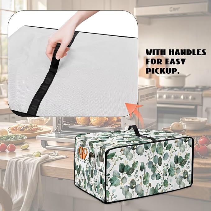 Toaster Oven Cover with Side Pockets, Dustproof Smart Microwave Convection Oven Cover with Handle, for Kitchen Decor, M, 16.5 x 20.5 x 10 Inches, Eucalyptus Leaves Green White