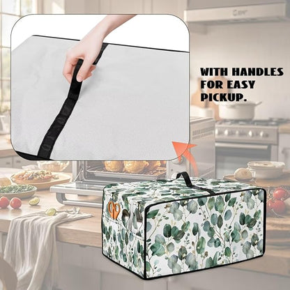 Toaster Oven Cover with Side Pockets, Dustproof Smart Microwave Convection Oven Cover with Handle, for Kitchen Decor, L, 18.5 x 22.5 x 13 Inches, Eucalyptus Leaves Green White