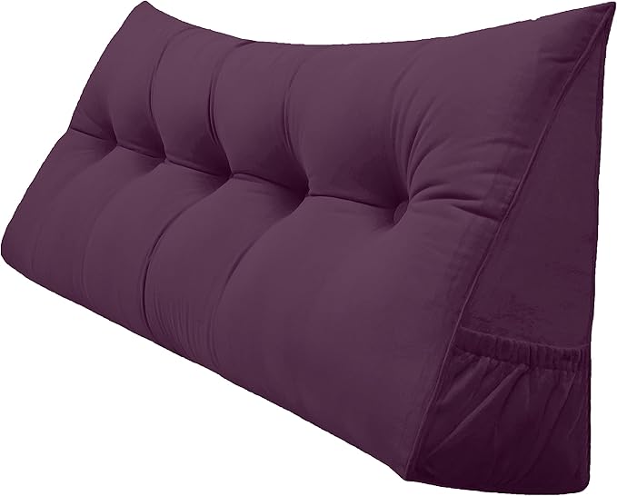 Triangular Reading Bed Rest Pillow Large Bolster Cushion Headboard Backrest Wedge Pillow with Removable Cover and Two Large Side Pockets (Dark Purple, King: 78 x 8 x 20 inches)