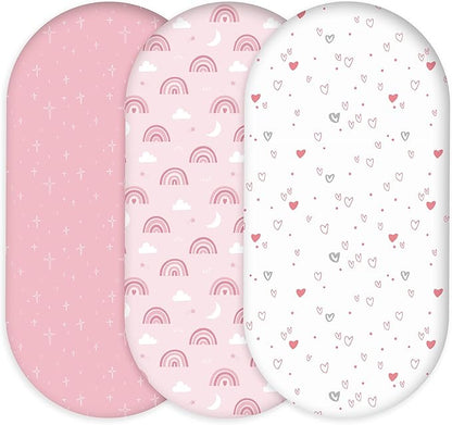 Bassinet Sheets for Baby Girl 32 * 16, 3 Pack Soft Breathable Baby Bassinet Mattress Sheets Fit for Hourglass Oval Cradle, Moses Basket Rectangle Mattress (Rainbow, Pink)
