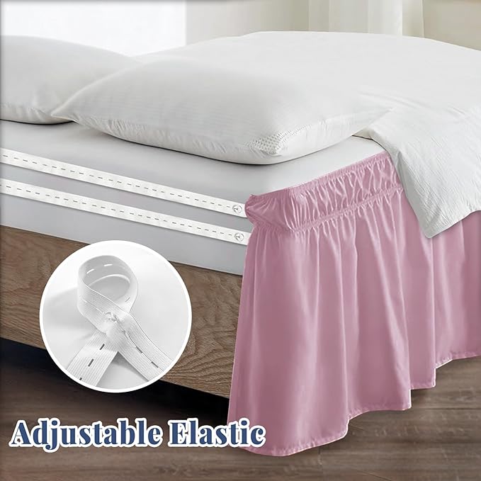 King Bed Skirt, Elastic Wrap Around Bed Skirt King Size, Bed Skirts for Adjustable Bed, Easy Fit with 18" Drop Length Tailored Drop Dust Ruffle (Pink)