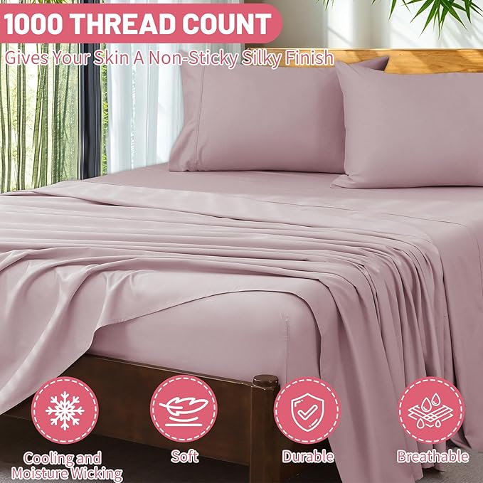 Extra Deep Pocket Queen Sheets 18-24 Inch 1000 Thread Count 100% Egyptian Cotton Sateen Weave Soft Breathable 4 Pieces（Queen,Light Pink）