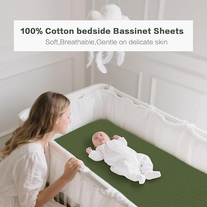 Muslin Bedside Sleeper Bassinet Fitted Sheets, 3 Pack Cotton Baby Sheet for Boys & Girls, Soft, Compatible with Baby Delight, Dream On Me, AMKE and Other Rectangle Mattress (Leaf Green)