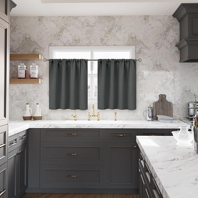 BGment Dark Grey Blackout Curtains 30 Inches Long for Kitchen Cafe Window - Rod Pocket Short Length Drapes Room Darkening for Bathroom Rv Bedroom, 2 Panels, 42 x 30 Inch