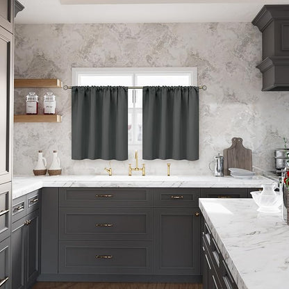 BGment Dark Grey Blackout Curtains 30 Inches Long for Kitchen Cafe Window - Rod Pocket Short Length Drapes Room Darkening for Bathroom Rv Bedroom, 2 Panels, 42 x 30 Inch