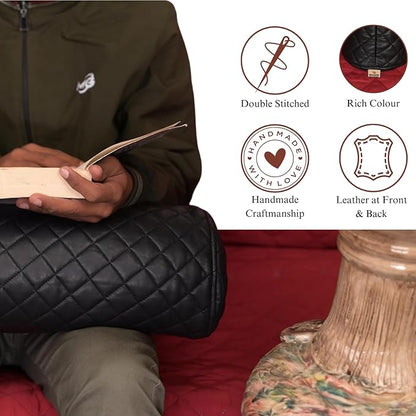 Neck Roll Pillow Cushion Cover, 16x5 Inch Full Moon Round Bolster Pillow Case, Cylinder Soft Lambskin Leather Pillowcase for Head, Spine & Neck Support During Sleep - Quilted Black Pack of 2