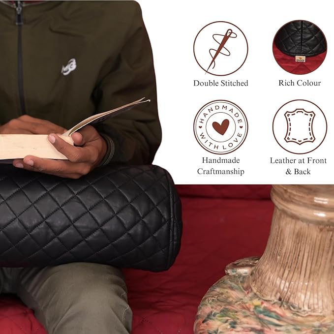Neck Roll Pillow Cushion Cover, 14x7 Inch Full Moon Round Bolster Pillow Case, Cylinder Soft Lambskin Leather Pillowcase for Head, Spine & Neck Support During Sleep - Quilted Black Pack of 2