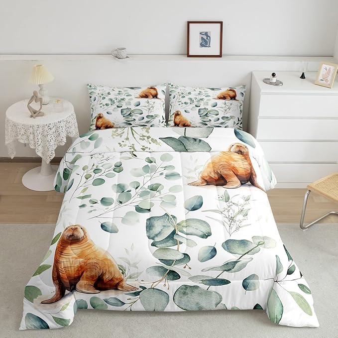 Erosebridal Cartoon Seal King Comforter Set Toddler Ocean Wildlife Bedding Set King, Spring Plant Bedding Comforter Sets Eucalyptus Leaf Duvet Set, Sea Animal Theme Quilted Comforter Kids Room Decor