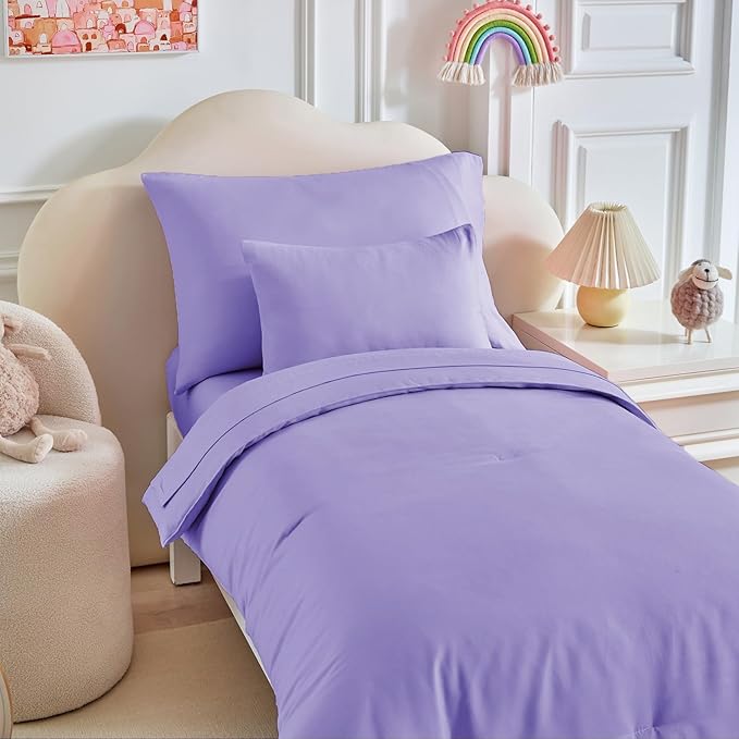 Toddler Bedding Set - 5 Piece Soft and Breathable Toddler Bed Set for Boys and Girls, Includes Quilted Comforter, Fitted Sheet, Flat Top Sheet, Standard Pillowcase and Toddler Pillowcase, Purple