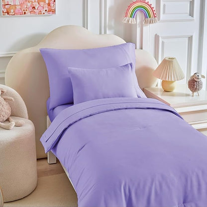 Toddler Bedding Set - 5 Piece Soft and Breathable Toddler Bed Set for Boys and Girls, Includes Quilted Comforter, Fitted Sheet, Flat Top Sheet, Standard Pillowcase and Toddler Pillowcase, Purple