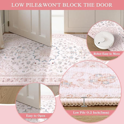 Moynesa Pink Runner Rugs for Long Hallway 2.5x8, Vintage Washable Floral Print Runner for Nursery Decor, Rubber Backing Non Slip Carpets for Kitchen Entryway Bathroom Bedroom