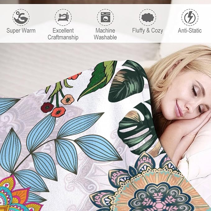 Boho Flowers Blanket for Women Girls, Rustic Bohemian Mandala Palm Leaves Plants Botanical Print Blanket for Bedroom Living Room Couch Sofa, 60"x80"