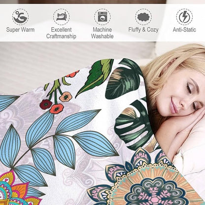 Boho Flowers Blanket for Women Girls, Rustic Bohemian Mandala Palm Leaves Plants Botanical Print Blanket for Bedroom Living Room Couch Sofa, 60"x80"