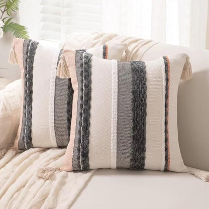 Boho Throw Pillow Covers 18x18 Set of 2 Woven Tufted Farmhouse Pillows Cover with Tassels Textured Striped Cushion Case Neutral Pillow Cases Decorative Pillowcase for Sofa Couch,Dark Grey