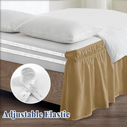 Twin Bed Skirt, Elastic Wrap Around Bed Skirt Twin Size, Bed Skirts for Adjustable Bed, Easy Fit with 18" Drop Length Tailored Drop Dust Ruffle (Beige)