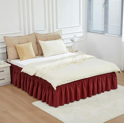 RIMELA Wine Red Bed Skirt King Size 15 Inch Drop, Elastic Bed Skirting for Bed Base and Frame, Bedding Dust Ruffle, Lightweight Wrap Around Adjustable Bedskirt, Cal King, Christmas Bedroom Decor