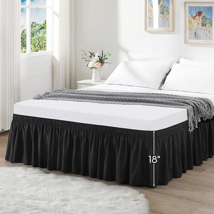 RIMELA Bed Skirt Wrap Around Elastic Dust Ruffles Solid Color Wrinkle and Fade Resistant with Adjustable Elastic Belt Easy to Install Black for Queen Size 18 Inch Drop