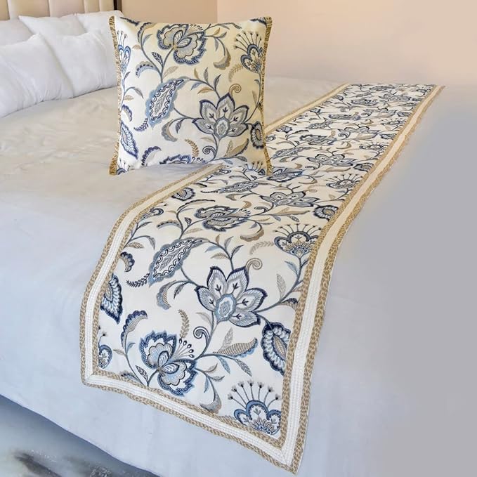 The HomeCentric King/Queen/Twin Blue Designer Twin 53"x18" Bed Runner with 2 Pillow Cover, Floral, Embroidered, Jute Lace & Lace Bed Scarf on Cotton Fabric - Morning Glories