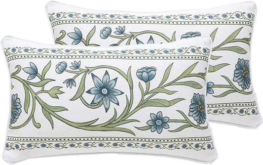 ISAENNE Design Fresh Linen Lumbar Throw Pillow Covers 12"x20" Pack of 2, French White Cottage Cushion Covers with Green Branches Pattern Decoration Pillowcases for Bed,Living Room,Outdoor,Car