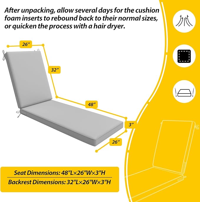 AAAAAcessories Outdoor Chaise Lounge Cushions, Waterproof, Fade-Resistant Patio Furniture Replacement Cushions, 80" x 26" x 3", Soft Gray