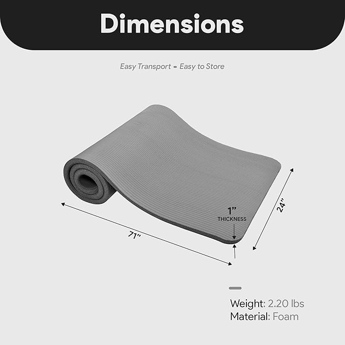 BalanceFrom GoCloud 71x24 Inches Extra Thick Yoga Mat 1-Inch High-Density Foam – Roll-Up Exercise Pad with Double-Sided Non-Slip Surface and Carrying Strap for Pilates and Home Workouts