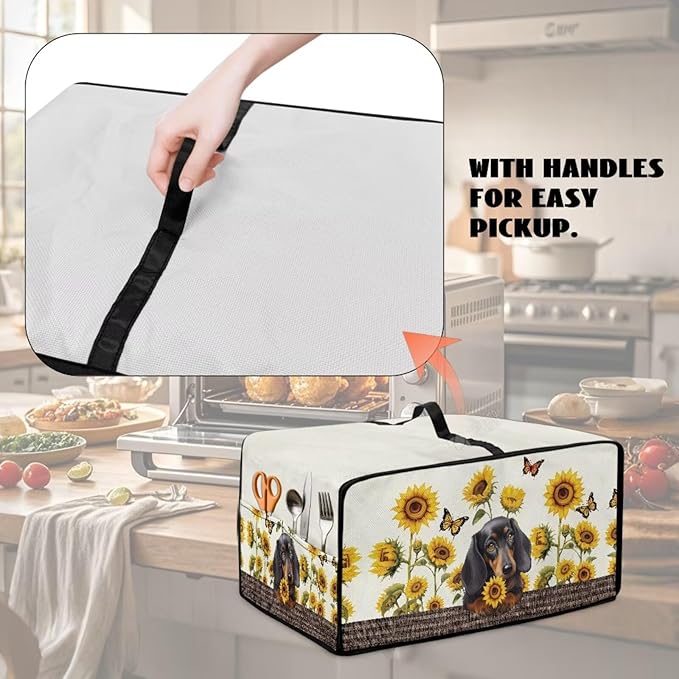 Dachshund Dog Sunflower Butterfly Print Microwave Oven Dust Cover Dustproof Microwave Toaster Oven Cover Polyester-Linen Fabric Kitchen Machine Covers for Toaster Oven Air Fryer, S