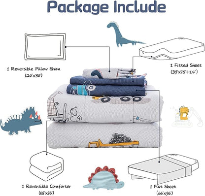 DJY Cotton Twin Bedding Set, Dinosaur Cars Reversible Twin Comforter Set for Kids Boys Girls, 4 Pieces Bed in a Bag Includes Quilted Comforter, Flat Sheet, Fitted Sheet and Pillowcase
