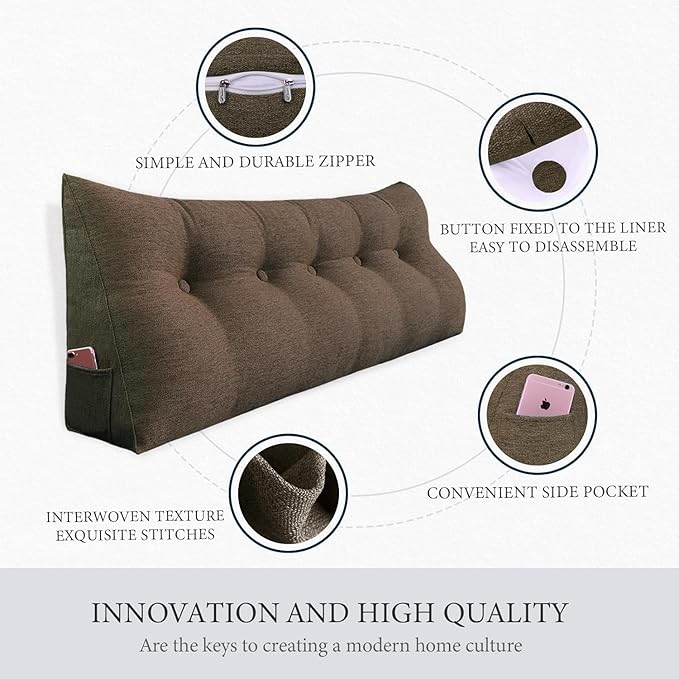 Wedge Headboard Pillow Dorm Room Reading Pillow Back Support for Sitting Up in Bed Bolster Lumbar Cushion Body Positioning Bedrest Cotton Linen 59in Coffee Queen