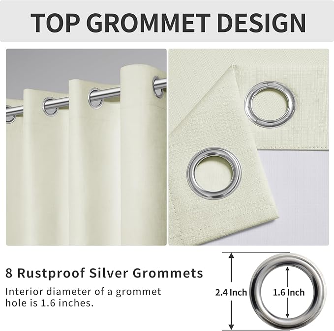 Easy-Going Linen Look 100% Blackout Curtain 52x63 Inch Window Curtain Drapes for Bedroom, Living Room Thermal Insulated Room Darkening (Set of 2 Panels, Ivory)