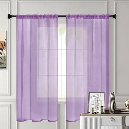 Sheer Curtains 54 Inches Long 2 Panels, Rod Pocket Short Curtain for Kitchen, Bedroom, Cafe Window(Lavender 38" W x 54" L)