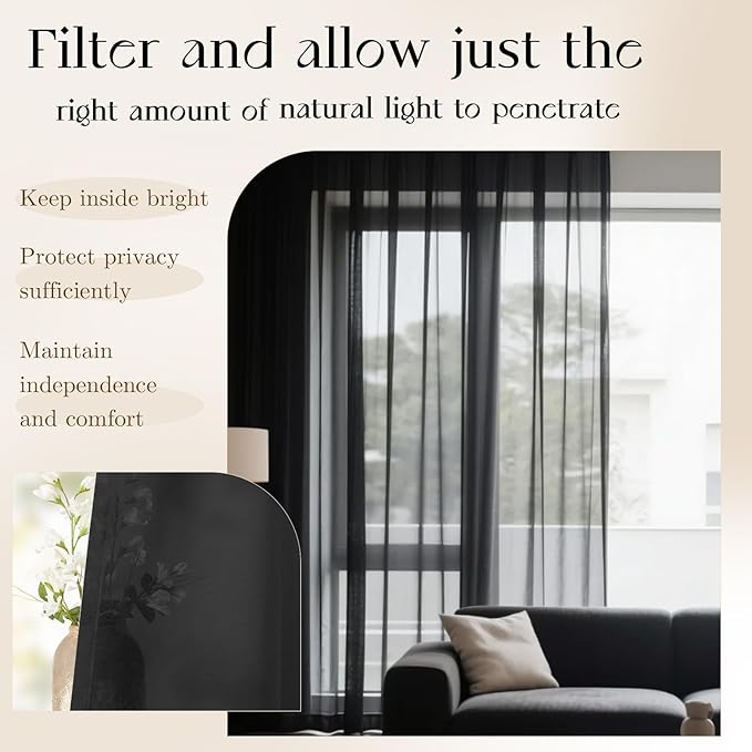 Dreaming Casa Black Sheer Curtains 84 Inches Long, Rod Pocket & Back Tab Light Filtering Textured Sheers for Living Room Bedroom, 2 Panels, Each 100" W x 84" L