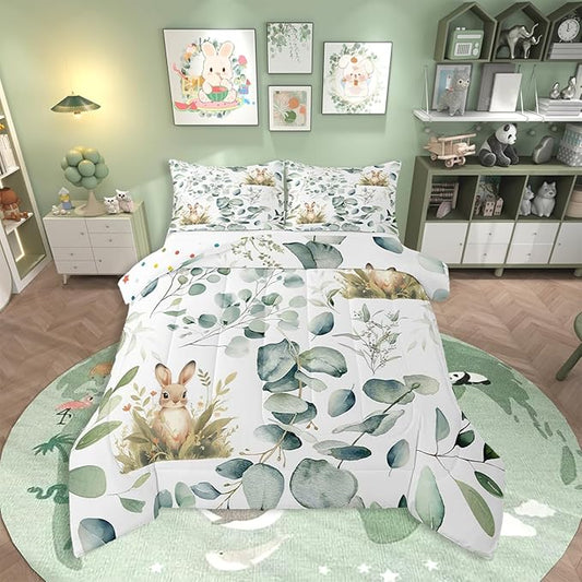 Erosebridal Girls Kawaii Animal Queen Size Comforter Set Cute Rabbit Bedding Set, Cartoon Wildlife Down Comforter Green Leaf Bed Set, Spring Garden Plant Quilted Duvet Child Kids Bedroom Decor