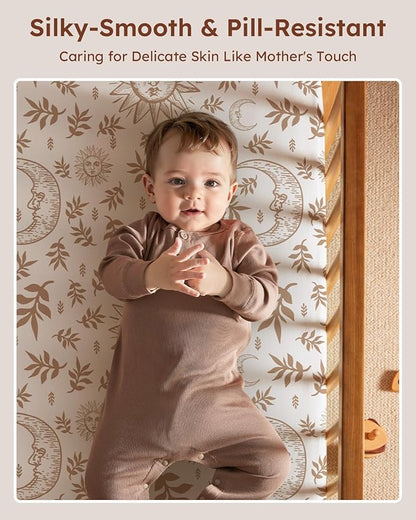 Baby Crib Sheets for Boys Girls, 28x52x8in Fitted Crib Sheet Neutral 3 Pack for Standard Crib and Toddler Mattress, Breathable Soft Microfiber Baby Sheet White Brown Sun God