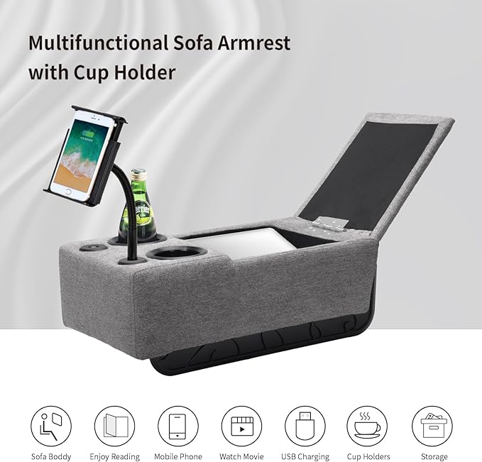 Sofa Armrest with Cup Holder Dual, Large Size Multifunctional Couch Arm Rest Insert, Removable Couch Caddy with Storage, Equipped with LED Reading Light & Wireless Charge Stand 02