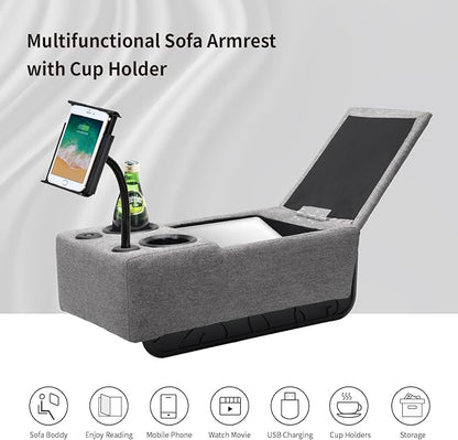 Sofa Armrest with Cup Holder Dual, Large Size Multifunctional Couch Arm Rest Insert, Removable Couch Caddy with Storage, Equipped with LED Reading Light & Wireless Charge Stand 02