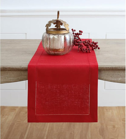 Solino Home Linen Red Table Runner 36 Inches - Classic Hemstitch, 100% Pure Linen Coffee Table Runner 14 x 36 Inch Ideal for Dresser Tables - Christmas, Holiday, Winter, New Year