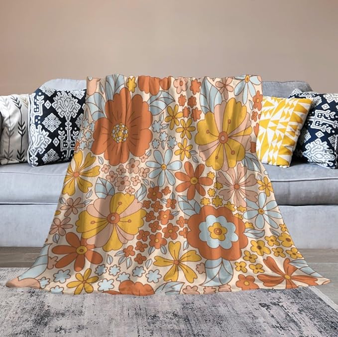 Retro 70s Floral Blanket, Hippie Summer Groovy Flower Power Flower Boho Print Throw Blanket for Couch Sofa Couch Chair 30"x40"
