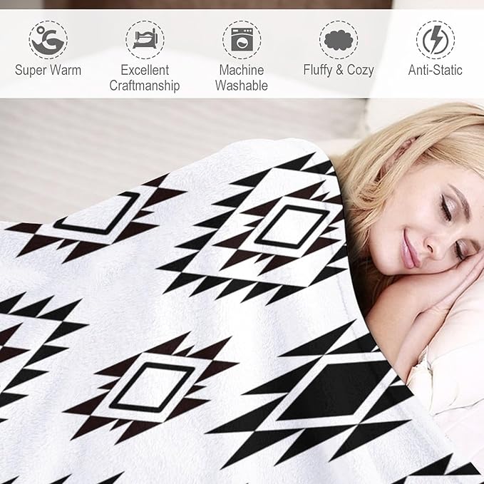 Boho Throw Blanket, Black and White Native Blankets, Vintage Tribal Aztec Printed Flannel Blanket for Chair Bed Sofa Couch 50"x60"