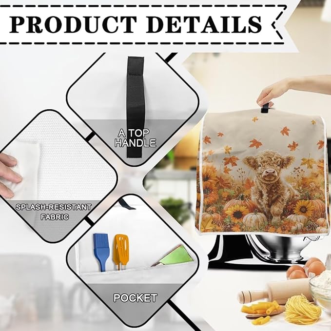 Highland Cow Stand Mixer Cover 6-8 Quart Pumpkin Kitchen Appliance Covers Dust Protection Universal for Pressure Cooker Air Fryer Fall Kitchen Decoration for Home Gift for Friends