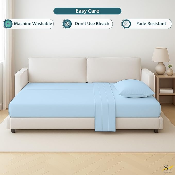 Sleeper Sofa Bed Sheet Set – Full Size, 100% Cotton, 338 Thread Count – 4-Piece Sofa Bed Sheets – Fits Mattresses Up to 6” Deep – Soft & Durable Pull-Out Couch Sheets (Light Blue Solid)