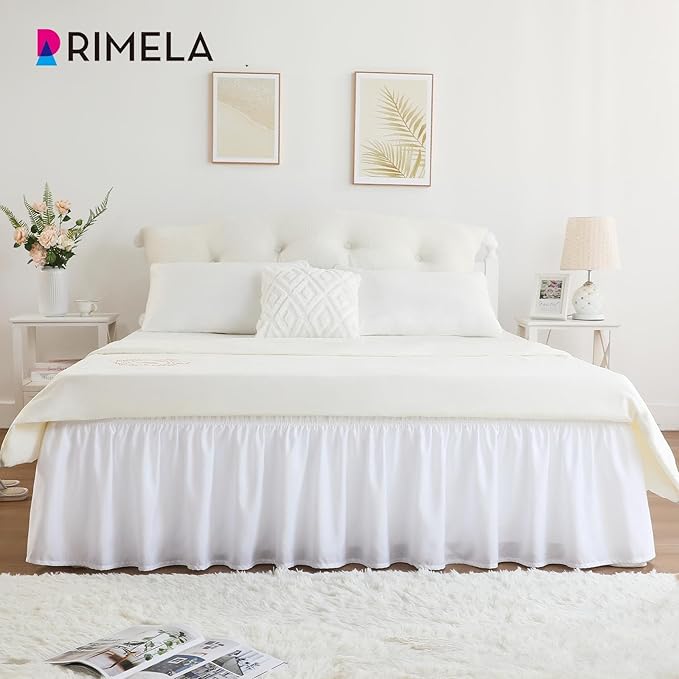 RIMELA White Bed Skirt King Size 15 Inch Drop, Elastic Bed Skirting for Bed Base and Frame, Bedding Dust Ruffle, Lightweight Wrap Around Adjustable Bedskirt, Cal King