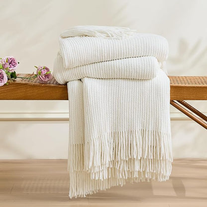 inhand Throw Blanket for Couch Bed,Chunky Chenille Woven Soft Blankets with Tassels,Cozy Boho Farmhouse Fall Winter Decor,Warm for Women,50"x60",Extra Thick-Off White