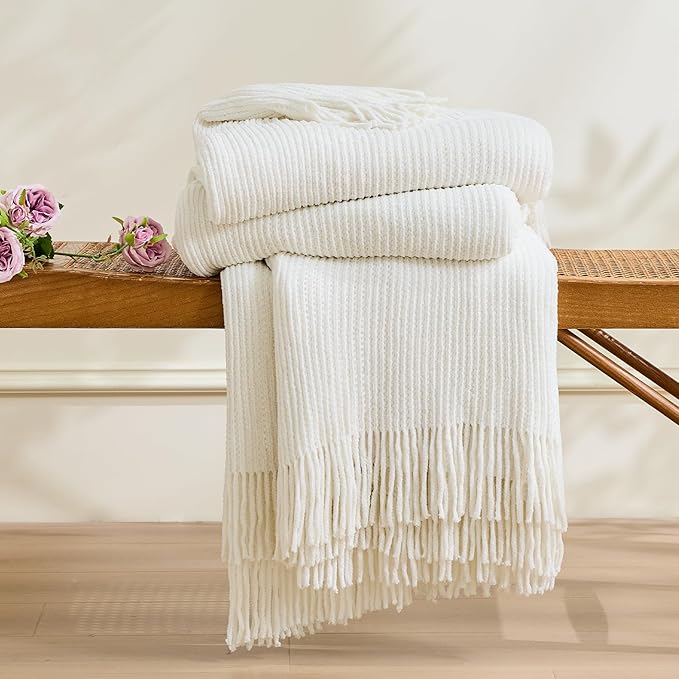inhand Throw Blanket for Couch Bed,Chunky Chenille Woven Soft Blankets with Tassels,Cozy Boho Farmhouse Fall Winter Decor,Warm for Women,50"x60",Medium Thick-Off White