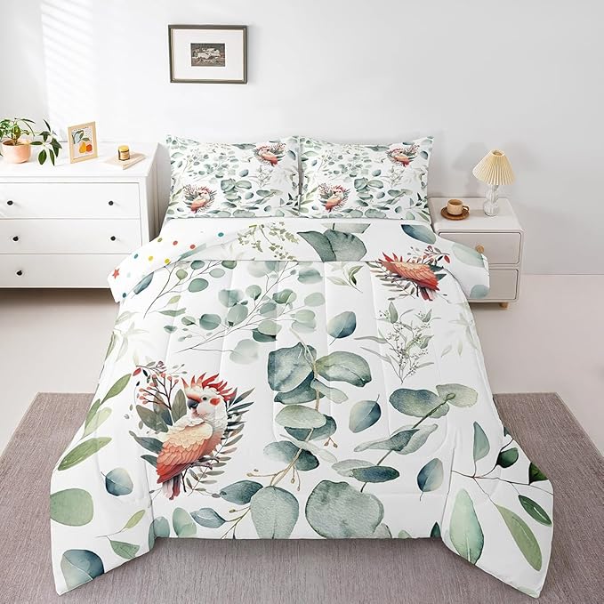 Erosebridal Cartoon Animal Queen Comforter Set for Kids Toddler Kawaii Parrot Bedding Set Queen, Wild Bird Bedding Comforter Sets Cute Wildlife Duvet Set, Botanical Green Eucalyptus Quilted Comforter