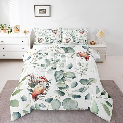 Erosebridal Cartoon Animal Queen Comforter Set for Kids Toddler Kawaii Parrot Bedding Set Queen, Wild Bird Bedding Comforter Sets Cute Wildlife Duvet Set, Botanical Green Eucalyptus Quilted Comforter