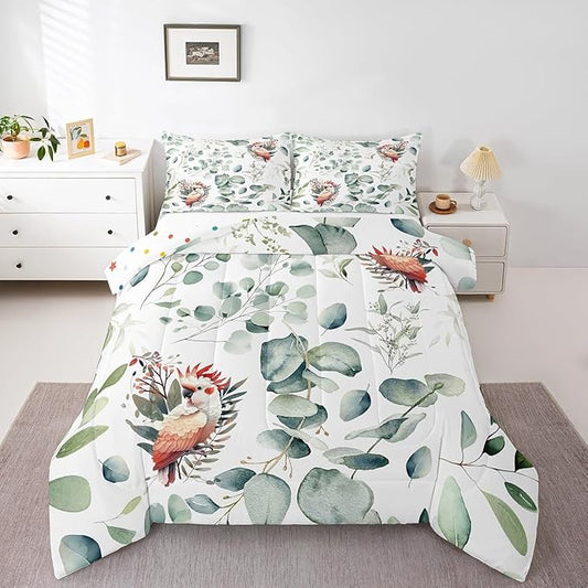 Erosebridal Cartoon Animal King Bedding Sets for Kids Toddler Kawaii Parrot Comforter Set, Wild Bird Duvet Insert Cute Wildlife Down Comforter, Botanical Green Eucalyptus Bedding Comforter Sets