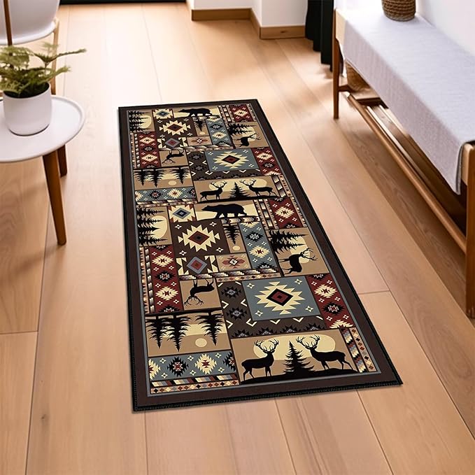 Rustic Cabin Wildlife Runner Rug 2x5,Buffalo Plaid Bear Moose Deer Country,Vintage Throw Carpet Washable Kitchen Rugs Farmhouse Hallway Runners Non Slip Floor Accent Carpet for Entryway Bedroom